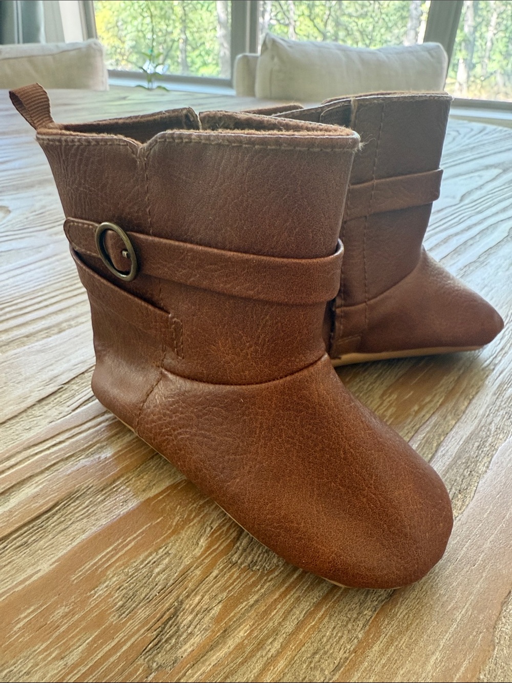 Kids Brown Faux-Leather Ankle Boots with Buckle Strap
